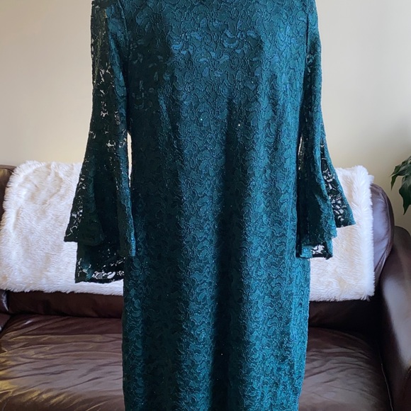 Jessica Howard Bell-Sleeve Glitter Lace Dress Size 16 Green - Picture 3 of 14